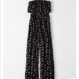 American Eagle NWT strapless black floral jumpsuit wide leg size small